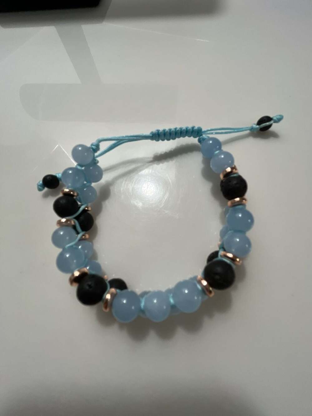 Natural Aquamarine & Black Onyx Beaded Double Row Macrame Bracelet